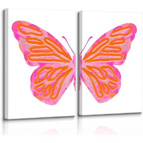 2-Piece Split Stylish Preppy Butterfly Canvas Wall Art Set Print Preppy Pink Orange Picture Poster Blush Pink Hipster Decor Girls Bedroom Teen Girls College Dorm Apartment Aesthetic Print Decor Framed