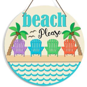 Hello Summer Sign for Front Door, Beach Welcome Door Sign Decoration, Beach Please Round Decorative Wall Sign, Rustic Wooden Hanging Sign for Farmhouse Home Porch Living Room -35