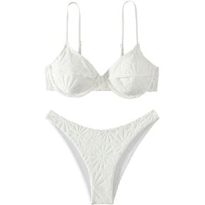 WDIRARA Women's 2 Piece Floral Jacquard Textured Swimwear Set V-Neck Underwire Bra & High Cut Bikini Swimsuit Sets