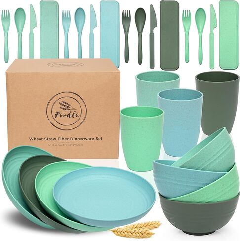 FOODLE Wheat Straw Dinnerware Sets for 4 - Lightweight & Unbreakable Dishes - Microwave & Dishwasher Safe - Perfect for Camping, Picnic, RV - Kids Plates and Bowls Sets - College Dorm Room Essentials in Saudi Arabia