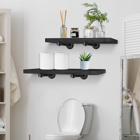 أرفف عائمة مثبتة على الحائط، ديكور مزرعة لمجموعة تخزين الحائط مكونة من 2، أرفف تخزين مزخرفة مع أقواس أنابيب، أرفف على الطراز الصناعي للحمام وغرفة النوم والمطبخ وغرفة المعيشة (أسود) in Kuwait