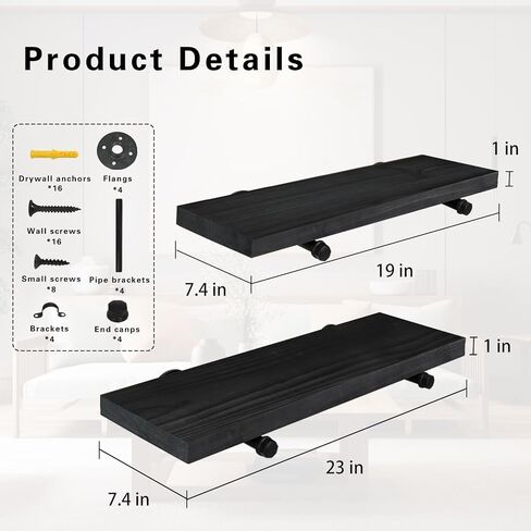 أرفف عائمة مثبتة على الحائط، ديكور مزرعة لمجموعة تخزين الحائط مكونة من 2، أرفف تخزين مزخرفة مع أقواس أنابيب، أرفف على الطراز الصناعي للحمام وغرفة النوم والمطبخ وغرفة المعيشة (أسود) in Kuwait