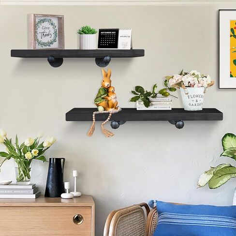 أرفف عائمة مثبتة على الحائط، ديكور مزرعة لمجموعة تخزين الحائط مكونة من 2، أرفف تخزين مزخرفة مع أقواس أنابيب، أرفف على الطراز الصناعي للحمام وغرفة النوم والمطبخ وغرفة المعيشة (أسود) in Kuwait