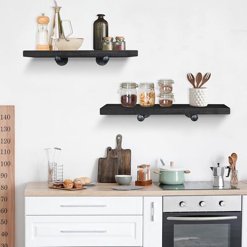 أرفف عائمة مثبتة على الحائط، ديكور مزرعة لمجموعة تخزين الحائط مكونة من 2، أرفف تخزين مزخرفة مع أقواس أنابيب، أرفف على الطراز الصناعي للحمام وغرفة النوم والمطبخ وغرفة المعيشة (أسود) in Kuwait