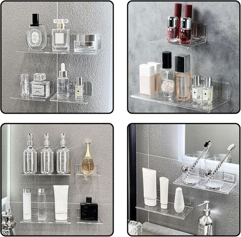 قطعتان من الأرفف العائمة من الأكريليك لاصقة على الحائط رف صغير بدون مثقاب للاستخدام خفيف الوزن في الحمام وغرفة المعيشة والمطبخ (شفاف 9-3/4 بوصة) in Kuwait