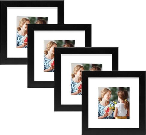 Golden State Art, 6x6 Black Photo Frame-Display Photos 4x4 with White Mat or 6x6 without Mat - Solid Wood, Real Glass, Set of 4 (Wall Display) in Saudi Arabia