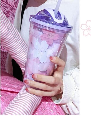 زجاجة مياه PEXIZUAN Kawaii بنمط زهر الكرز شفافة ولطيفة على شكل قلب فتاة محمولة للرياضة في الهواء الطلق (وردي) in Kuwait