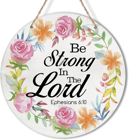 علامة yuzi-n be strong in the Lord إكليل للباب الأمامي، علامة دائرية مقاس 10 بوصات لأكاليل الزهور، إكليل خشبي مستدير من الخشب المقدس معلق على شكل لوحة خشبية لباب الباب ديكور جدار المنزل المسيحي in Kuwait
