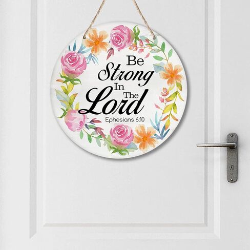 علامة yuzi-n be strong in the Lord إكليل للباب الأمامي، علامة دائرية مقاس 10 بوصات لأكاليل الزهور، إكليل خشبي مستدير من الخشب المقدس معلق على شكل لوحة خشبية لباب الباب ديكور جدار المنزل المسيحي in Kuwait