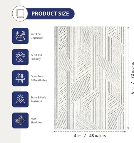 Abani Cozy Cream Area Rug for Living Room, Bedroom - Grey Criss Cross Intertwined Lines Pattern - 2' x 3' - Durable & Easy to Clean in Saudi Arabia