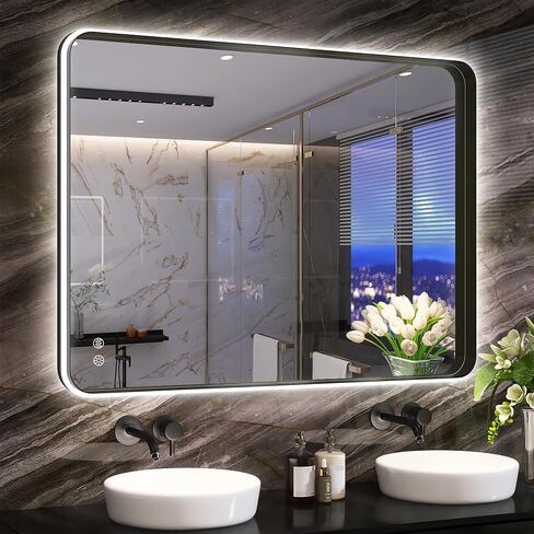 SBAGNO 24x32in. LED Bathroom Mirror Shatterproof, LED Mirror for Bathroom Dimmable, 3 Lights Colors, Horizontal& Vertical, Bluetooth-Speakers, Touch-Sensors, Plug-in or Hardwired, Defogging in Saudi Arabia