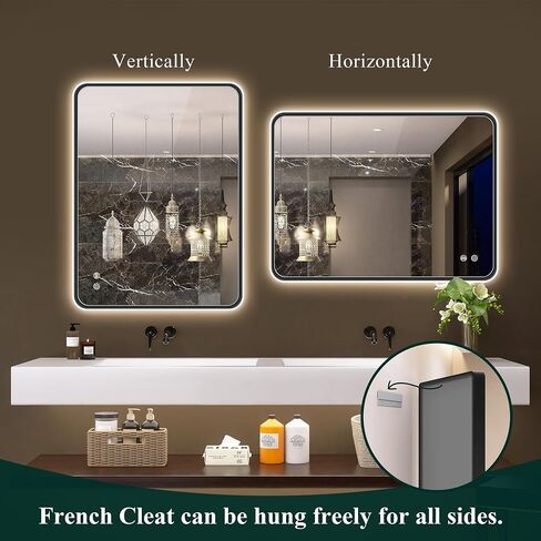 SBAGNO 24x32in. LED Bathroom Mirror Shatterproof, LED Mirror for Bathroom Dimmable, 3 Lights Colors, Horizontal& Vertical, Bluetooth-Speakers, Touch-Sensors, Plug-in or Hardwired, Defogging in Saudi Arabia