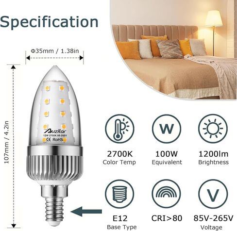 مصابيح إضاءة LED E12، مصابيح شمعدان LED بقدرة 12 وات تعادل 100 واط، 1200 لومن، 6000 كلفن ضوء النهار لمبات السقف البيضاء، قاعدة شموع مزخرفة E12 لمبات ثريا LED غير قابلة للتعتيم، حزمة من 4 in Saudi Arabia