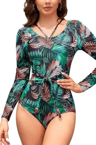 SHEKINI Womens One-Piece Rash Guard Swimsuits Ladies Halter Tummy Control Swimming Soft Surf Long Sleeves Suit in Saudi Arabia
