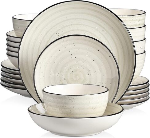 vancasso Stoneware Dinnerware Sets 24 Pieces Bonbon Beige Dinner Set, Plates and Bowls Sets with Dinner Plates Pasta Bowls Soup Bowls Handpainted Spirals Pattern Dish Sets, Service for 6 in Saudi Arabia