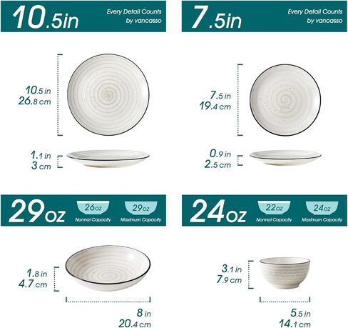 vancasso Stoneware Dinnerware Sets 24 Pieces Bonbon Beige Dinner Set, Plates and Bowls Sets with Dinner Plates Pasta Bowls Soup Bowls Handpainted Spirals Pattern Dish Sets, Service for 6 in Saudi Arabia