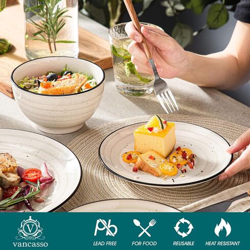 vancasso Stoneware Dinnerware Sets 24 Pieces Bonbon Beige Dinner Set, Plates and Bowls Sets with Dinner Plates Pasta Bowls Soup Bowls Handpainted Spirals Pattern Dish Sets, Service for 6 in Saudi Arabia