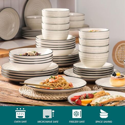 vancasso Stoneware Dinnerware Sets 24 Pieces Bonbon Beige Dinner Set, Plates and Bowls Sets with Dinner Plates Pasta Bowls Soup Bowls Handpainted Spirals Pattern Dish Sets, Service for 6 in Saudi Arabia