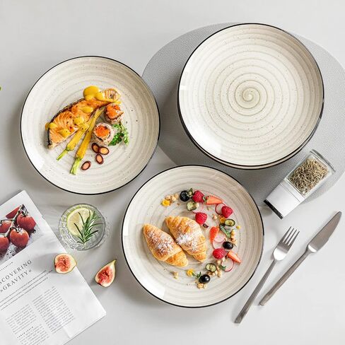 vancasso Stoneware Dinnerware Sets 24 Pieces Bonbon Beige Dinner Set, Plates and Bowls Sets with Dinner Plates Pasta Bowls Soup Bowls Handpainted Spirals Pattern Dish Sets, Service for 6 in Saudi Arabia