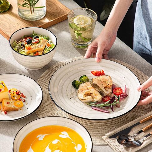 vancasso Stoneware Dinnerware Sets 24 Pieces Bonbon Beige Dinner Set, Plates and Bowls Sets with Dinner Plates Pasta Bowls Soup Bowls Handpainted Spirals Pattern Dish Sets, Service for 6 in Saudi Arabia