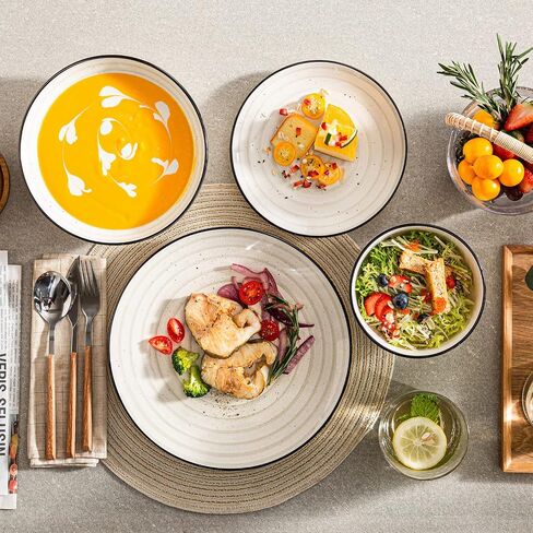 vancasso Stoneware Dinnerware Sets 24 Pieces Bonbon Beige Dinner Set, Plates and Bowls Sets with Dinner Plates Pasta Bowls Soup Bowls Handpainted Spirals Pattern Dish Sets, Service for 6 in Saudi Arabia