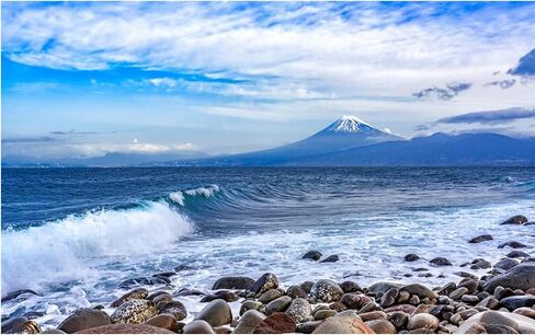 Seascape Faux Window Wall Mural 3D Self-Adhesive Fake Window Wall Stickers Mount Fuji in The Distance Window Poster Removable Peel and Stick Sea Wave Natural Landscape Home Wall Decoration in Saudi Arabia