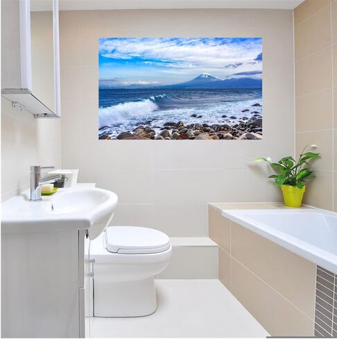 Seascape Faux Window Wall Mural 3D Self-Adhesive Fake Window Wall Stickers Mount Fuji in The Distance Window Poster Removable Peel and Stick Sea Wave Natural Landscape Home Wall Decoration in Saudi Arabia