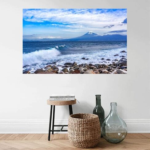 Seascape Faux Window Wall Mural 3D Self-Adhesive Fake Window Wall Stickers Mount Fuji in The Distance Window Poster Removable Peel and Stick Sea Wave Natural Landscape Home Wall Decoration in Saudi Arabia