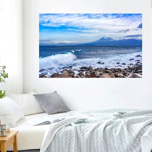 Seascape Faux Window Wall Mural 3D Self-Adhesive Fake Window Wall Stickers Mount Fuji in The Distance Window Poster Removable Peel and Stick Sea Wave Natural Landscape Home Wall Decoration in Saudi Arabia