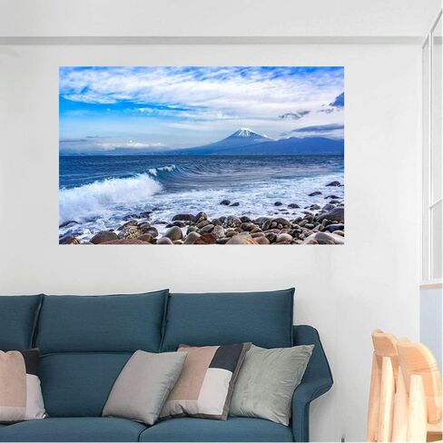 Seascape Faux Window Wall Mural 3D Self-Adhesive Fake Window Wall Stickers Mount Fuji in The Distance Window Poster Removable Peel and Stick Sea Wave Natural Landscape Home Wall Decoration in Saudi Arabia