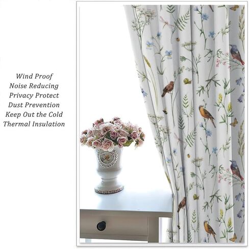Rustic Bird Curtains, Retro Wooden Colorful Birds Floral Rustic Farmhouse Boho Prints Blackout Window Treatments Drapes for Bedroom Living Room,2-Panel Set & Rod Pocket42x45in in Kuwait