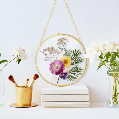 Qunclay 4 Pcs Double Glass Frame for Pressed Flowers Round Glass Frame Hanging Herbarium Frame Floating Flower Press Frame Clear DIY Vintage Artwork Display Frame, Frame Only(Black, 8 Inch) in Saudi Arabia