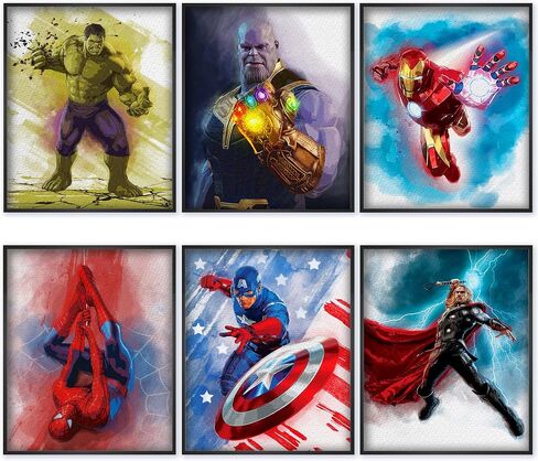 Superhero Watercolor Prints,Posters for Boys Room,Superhero Bedroom Decor for Boys,Superhero Wall Poster,Boy Nursery Decor,Kids Room Decorations for Boys,8x10 Inches UNFRAMED Set of 6 by PRINT'N'ART in Saudi Arabia
