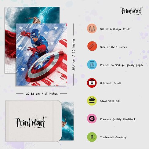 Superhero Watercolor Prints,Posters for Boys Room,Superhero Bedroom Decor for Boys,Superhero Wall Poster,Boy Nursery Decor,Kids Room Decorations for Boys,8x10 Inches UNFRAMED Set of 6 by PRINT'N'ART in Saudi Arabia