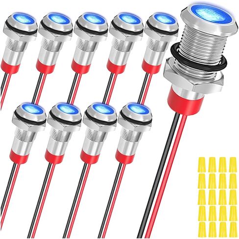 10Pcs AC/DC12-24V LED Indicator Lights 1/4"(6mm)Waterproof Flat Head Indicator Signal Lamp 5Color(Red/Yellow/Blue/Green/White)with 150mm Cable Length Metal LED Indicator Light and Wiring Cap MKBKLLJY in Saudi Arabia