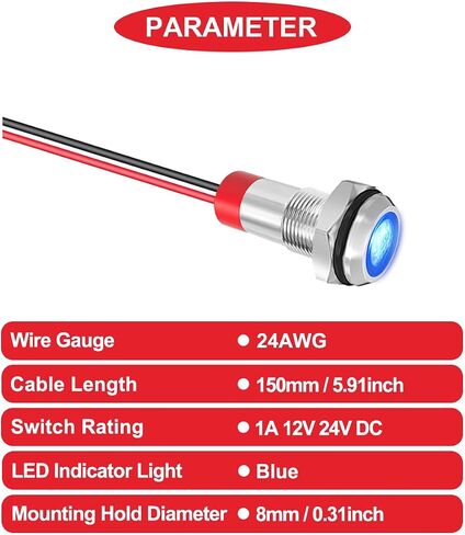 10Pcs AC/DC12-24V LED Indicator Lights 1/4"(6mm)Waterproof Flat Head Indicator Signal Lamp 5Color(Red/Yellow/Blue/Green/White)with 150mm Cable Length Metal LED Indicator Light and Wiring Cap MKBKLLJY in Saudi Arabia