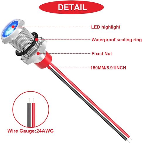 10Pcs AC/DC12-24V LED Indicator Lights 1/4"(6mm)Waterproof Flat Head Indicator Signal Lamp 5Color(Red/Yellow/Blue/Green/White)with 150mm Cable Length Metal LED Indicator Light and Wiring Cap MKBKLLJY in Saudi Arabia