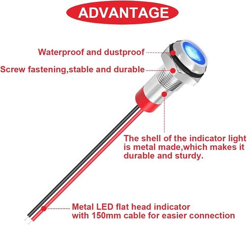 10Pcs AC/DC12-24V LED Indicator Lights 1/4"(6mm)Waterproof Flat Head Indicator Signal Lamp 5Color(Red/Yellow/Blue/Green/White)with 150mm Cable Length Metal LED Indicator Light and Wiring Cap MKBKLLJY in Saudi Arabia