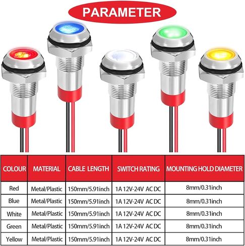 10Pcs AC/DC12-24V LED Indicator Lights 1/4"(6mm)Waterproof Flat Head Indicator Signal Lamp 5Color(Red/Yellow/Blue/Green/White)with 150mm Cable Length Metal LED Indicator Light and Wiring Cap MKBKLLJY in Saudi Arabia