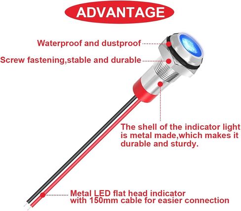 10Pcs AC/DC12-24V LED Indicator Lights 1/4"(6mm)Waterproof Flat Head Indicator Signal Lamp 5Color(Red/Yellow/Blue/Green/White)with 150mm Cable Length Metal LED Indicator Light and Wiring Cap MKBKLLJY in Saudi Arabia