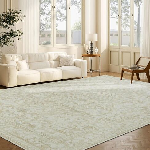HOMBYS 9x12 Neutral Floral Area Rug for Living Room Bedroom, Large Boho Floor Carpet with Non-Slip Backing for Indoor, Traditional Home Deco Non-Shedding, Grey, Machine Washable in Saudi Arabia