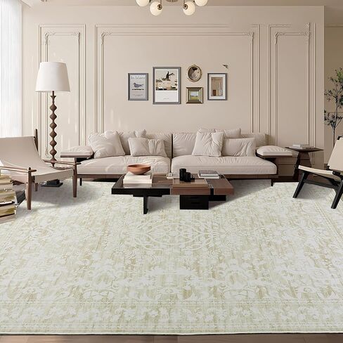 HOMBYS 9x12 Neutral Floral Area Rug for Living Room Bedroom, Large Boho Floor Carpet with Non-Slip Backing for Indoor, Traditional Home Deco Non-Shedding, Grey, Machine Washable in Saudi Arabia