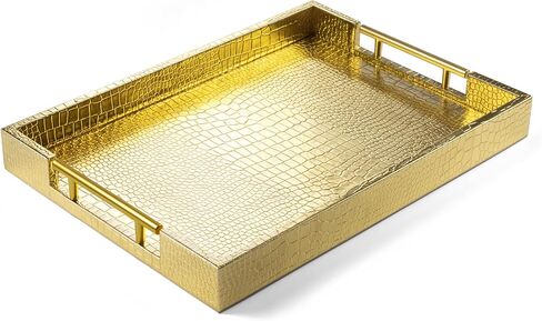 صينية تقديم خشبية مقاس 43.18 سم × 30.48 سم مع مقابض معدنية مصقولة بالذهب، ديكور منزلي خشبي مستطيل من الجلد العثماني، طبق ديكور للحمام، صينية تزيين للحمام لجميع المناسبات باللون الأبيض in Saudi Arabia