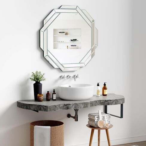 Bathroom Mirror 20"X28" Wall Mirror Decorative, Beveled Edge Frameless Mirror for Wall Octagonal Decorative Mirror Large Accent Mirror for Bathroom, Bedroom, Living Room and Enterway in Saudi Arabia