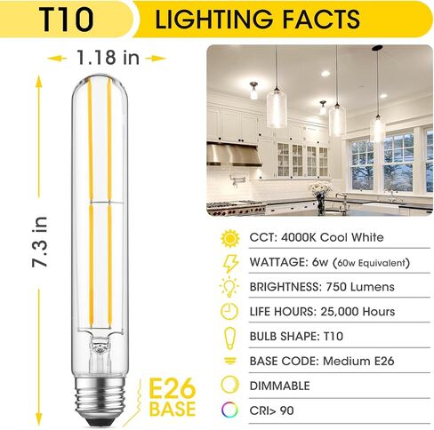 Dimmable E26 Edison Bulb, AC120V Warm White 2700K Light Bulbs, 6W, Equivalent 60W, 750LM, 5 Inch Long Tubular T10 LED Bulbs for Rustic Pendant, Chandeliers, Wall Sconces, Vanity, Pack of 6 in Saudi Arabia