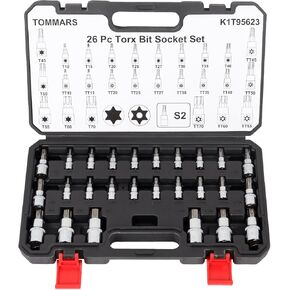 TOMMARS 60-Pc Master Torx Bit Socket and External Socket Set 1/4", 3/8", 1/2" Drive, S2 Steel Bits, CRV Sockets E4-E24, T6-T70,TT6-TT70,TP8-TP60