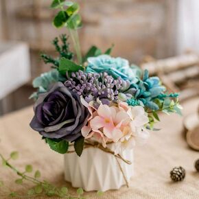 Artificial Flowers Fake Flowers Silk Rose Bouquets Decoration with Ceramics Vase for Table Home Office Wedding (Champagne Flowers)