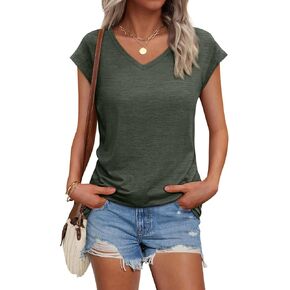 AUTOMET Womens V Neck Tshirts Cap Sleeve Casual Tops Oversized Cute T Shirts Summer Clothes Trendy Basics Tees Clothing
