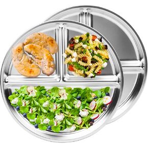 2-Pack Stainless Steel Portion Control Plates, 8" Non Toxic Divided Plates for Adults Kids Toddlers Balanced Eating, Weight Loss & Diabetic Diet, 3-Compartment Camping Snack Food Tray