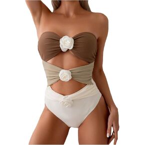 OYOANGLE Women's One Piece Swimsuit 3D Flower Color Block Cut Out Strapless Bandeau Bikini Bathing Suits
